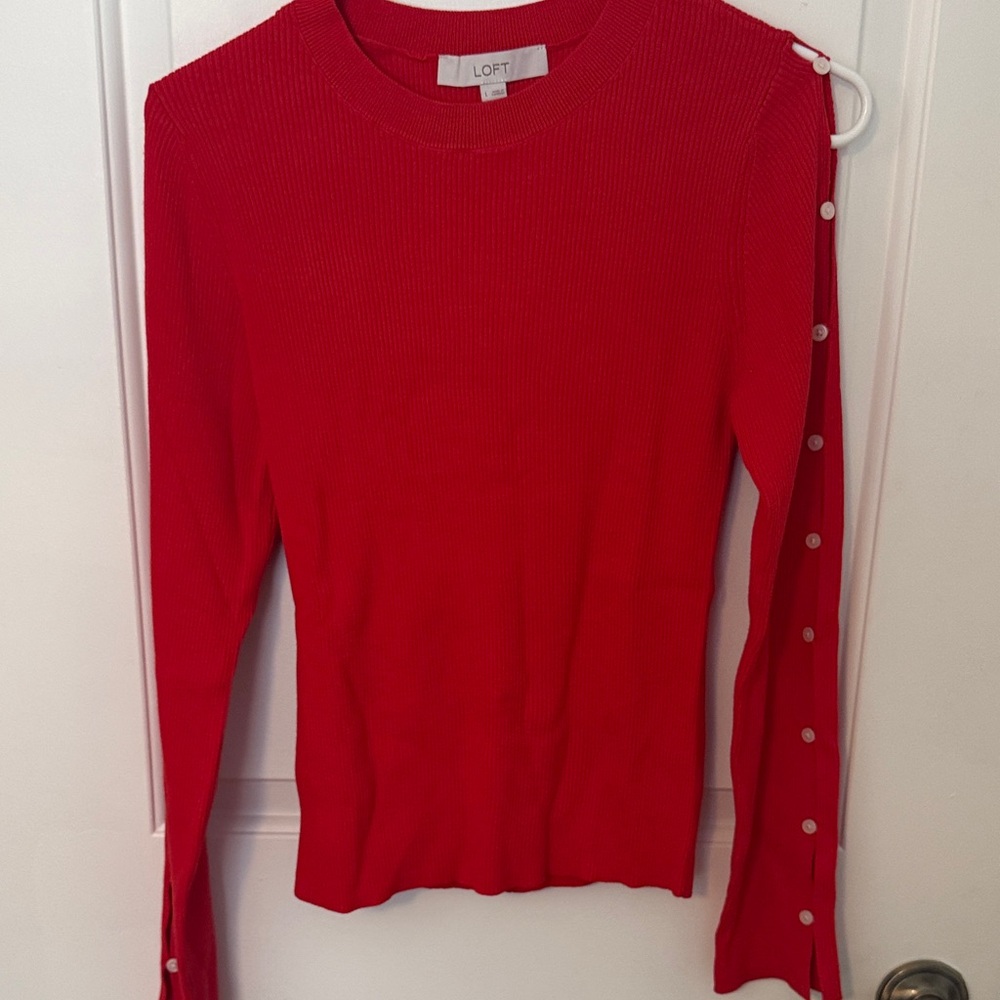 LOFT Vibrant Red Sweater with Button Accents - Picture 2 of 6